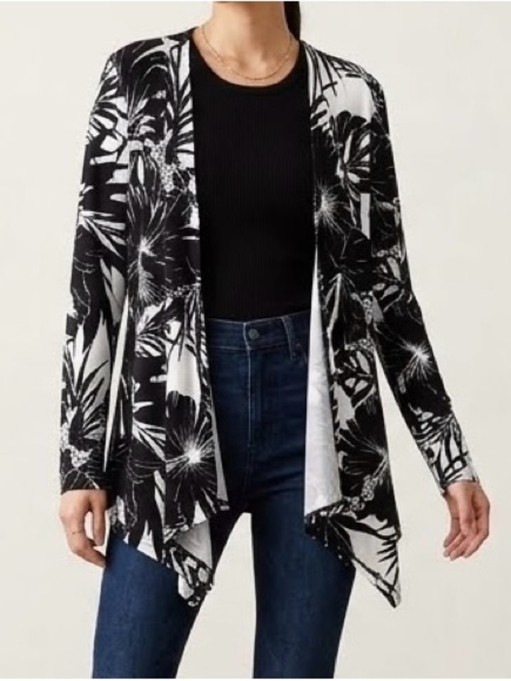 Womens Draped Front Open Cardigan Black White Floral Jersey Knit Layer Travel L